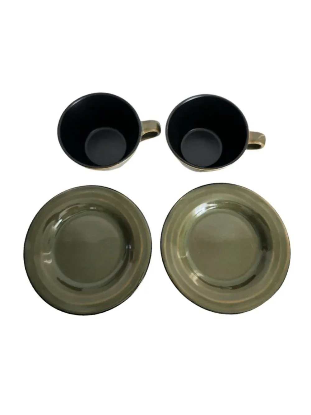 Set Of 2 Pier 1 DAKARA Tea Coffee Cup & Saucers Olive Green Black Interior Boho